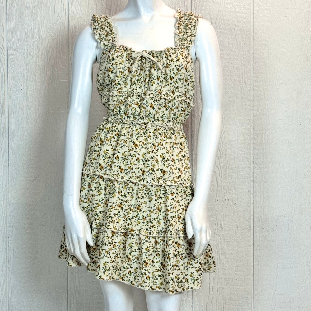 Japna Dress Small Floral Ruffle Tiered Mini Yellow Cream Cottagecore‎ Milkmaid